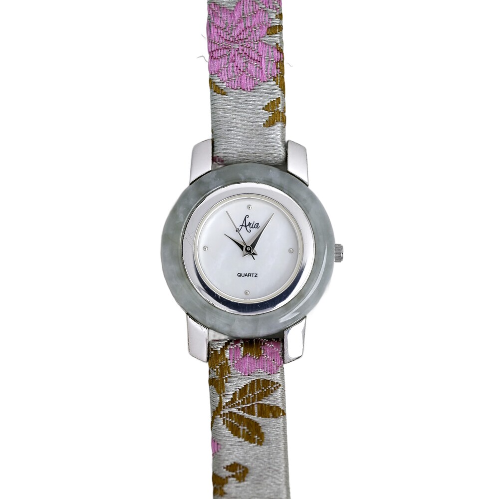 Aria Ladies Stone Bezel Flower Pattern Genuine Leather Strap